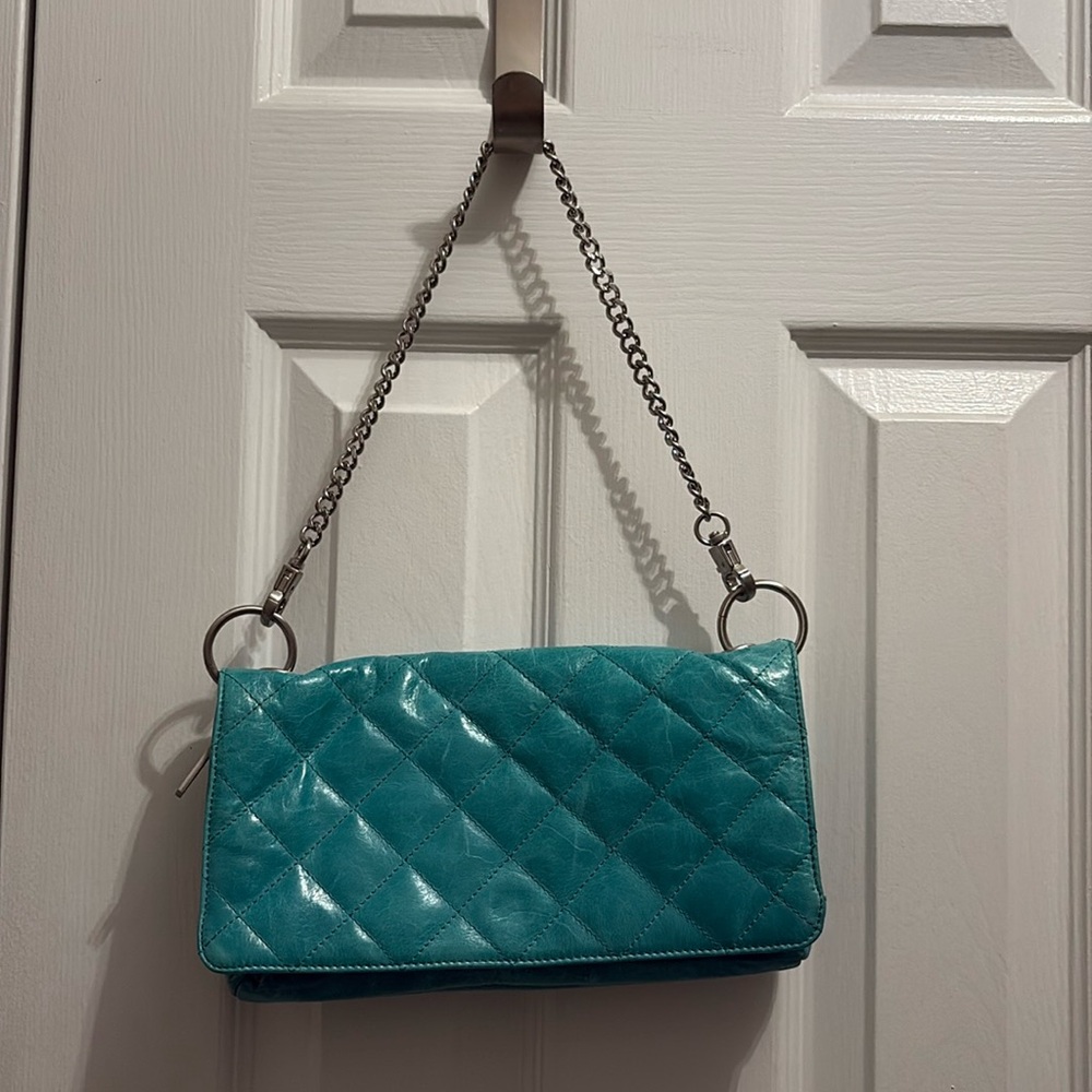 Hobo International turquoise blue quilted handbag shoulder bag with metal chain
